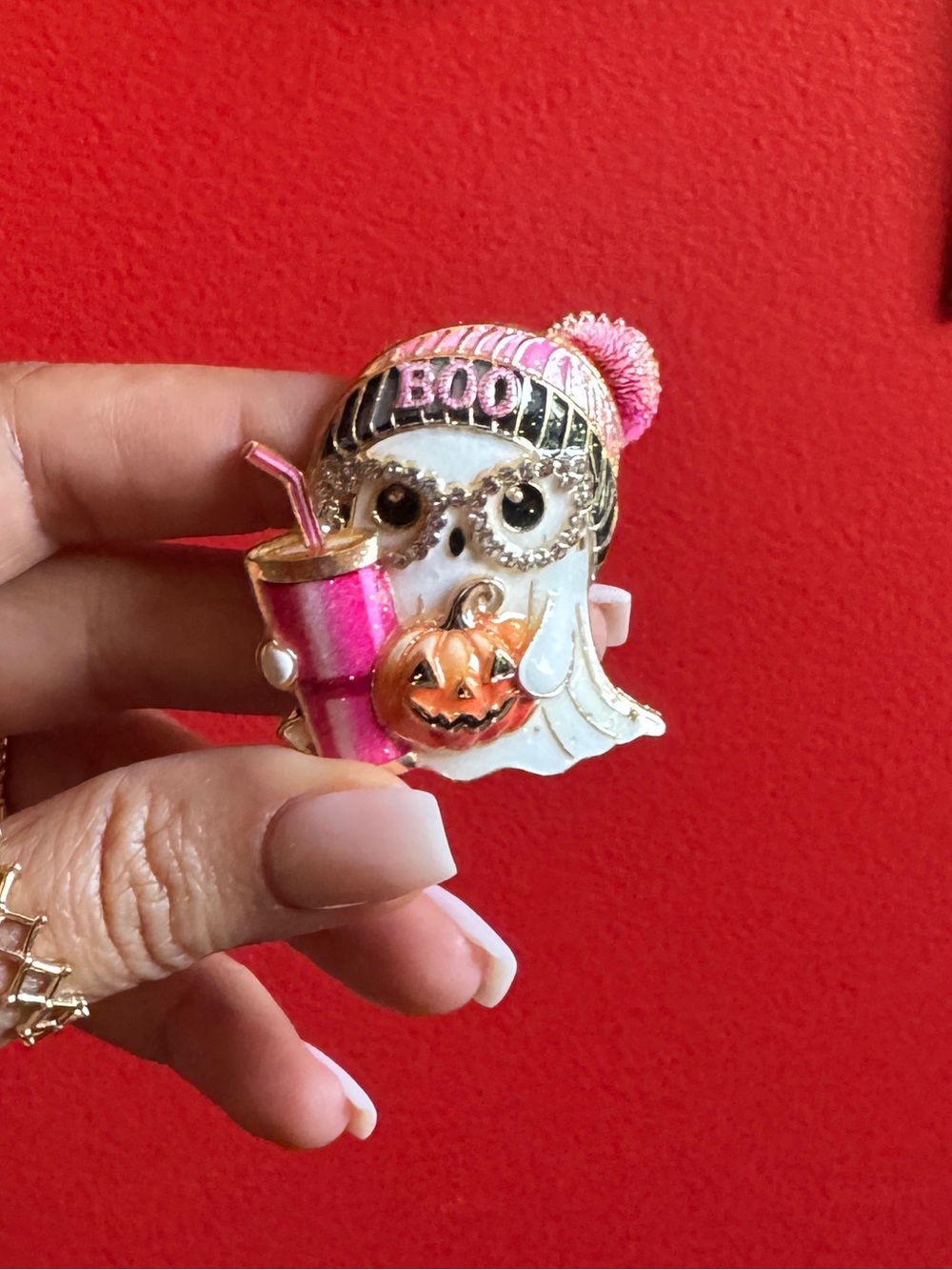 Halloween Ghost Pink Beanie & Pumpkin Brooch
